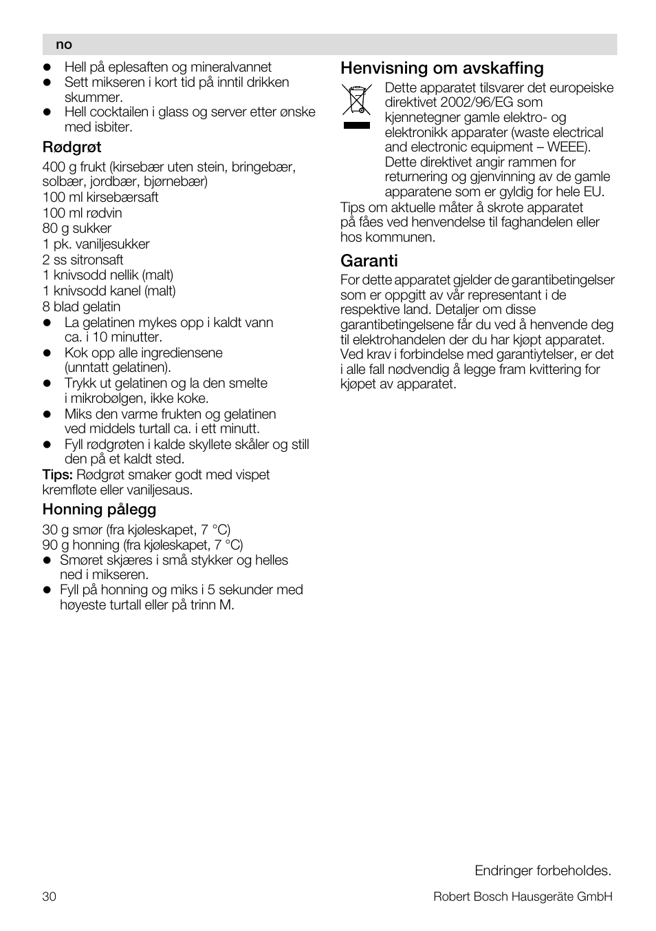 Henvisning om avskaffing, Garanti | Bosch MMB11R2 Blender rouge User Manual | Page 30 / 94