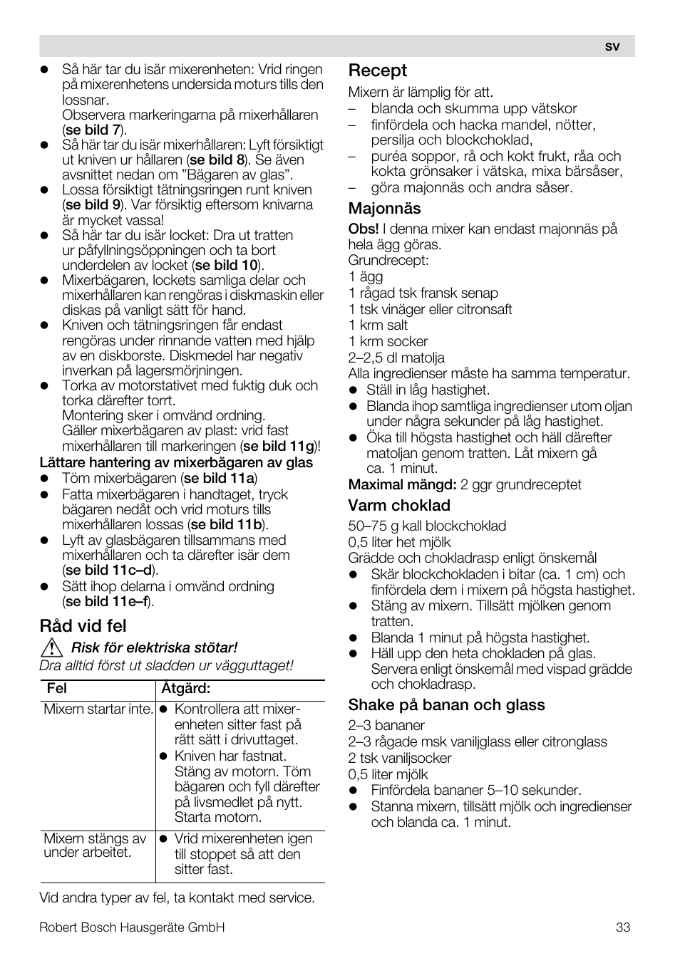 Råd vid fel, Recept | Bosch MMB11R2 Blender rouge User Manual | Page 33 / 94