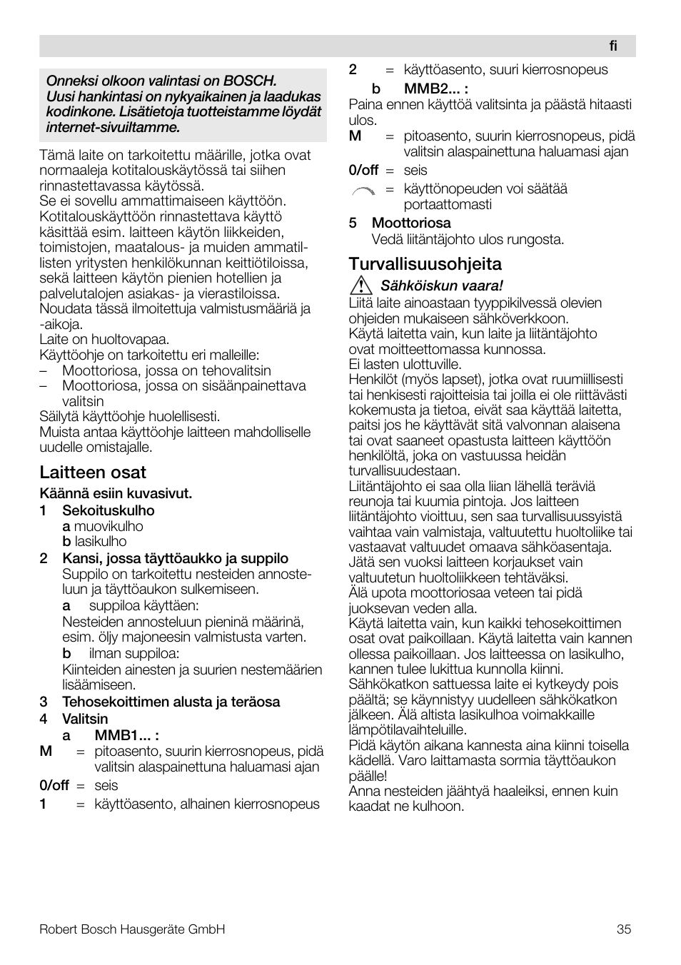 Laitteen osat, Turvallisuusohjeita | Bosch MMB11R2 Blender rouge User Manual | Page 35 / 94