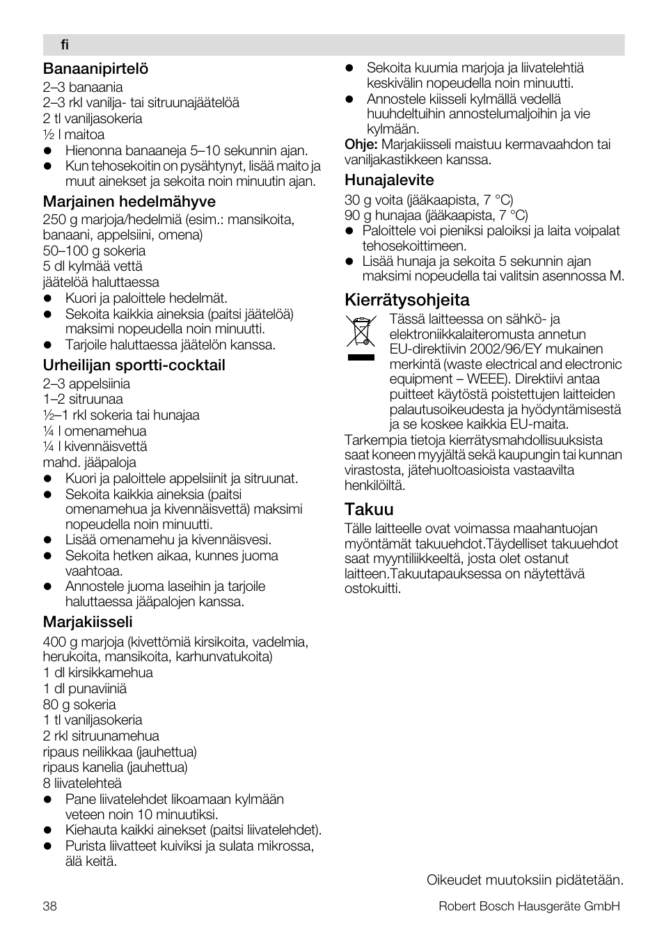 Kierrätysohjeita, Takuu | Bosch MMB11R2 Blender rouge User Manual | Page 38 / 94