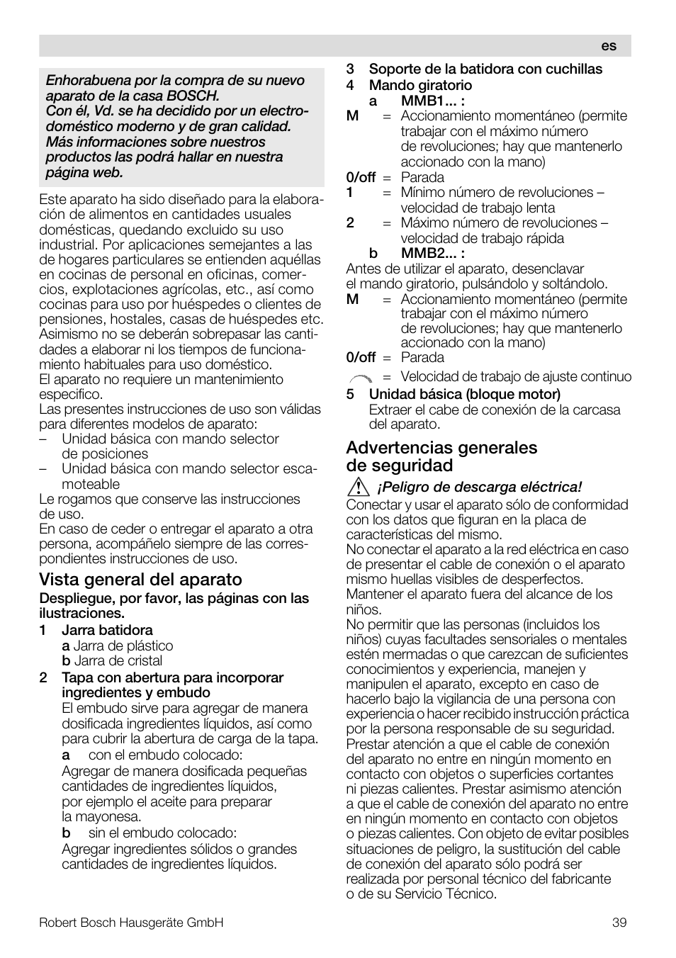 Vista general del aparato, Advertencias generales de seguridad | Bosch MMB11R2 Blender rouge User Manual | Page 39 / 94