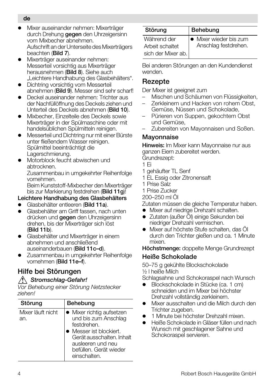 Hilfe bei störungen, Rezepte | Bosch MMB11R2 Blender rouge User Manual | Page 4 / 94