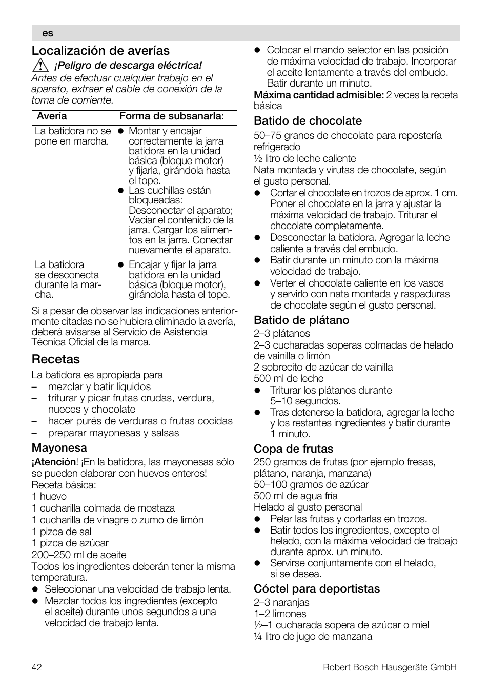 Localización de averías, Recetas | Bosch MMB11R2 Blender rouge User Manual | Page 42 / 94