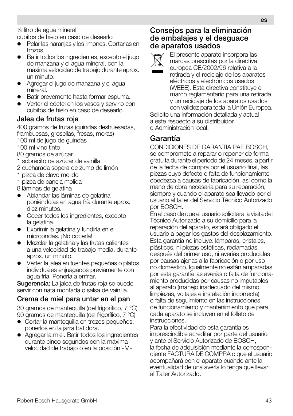 Garantía | Bosch MMB11R2 Blender rouge User Manual | Page 43 / 94