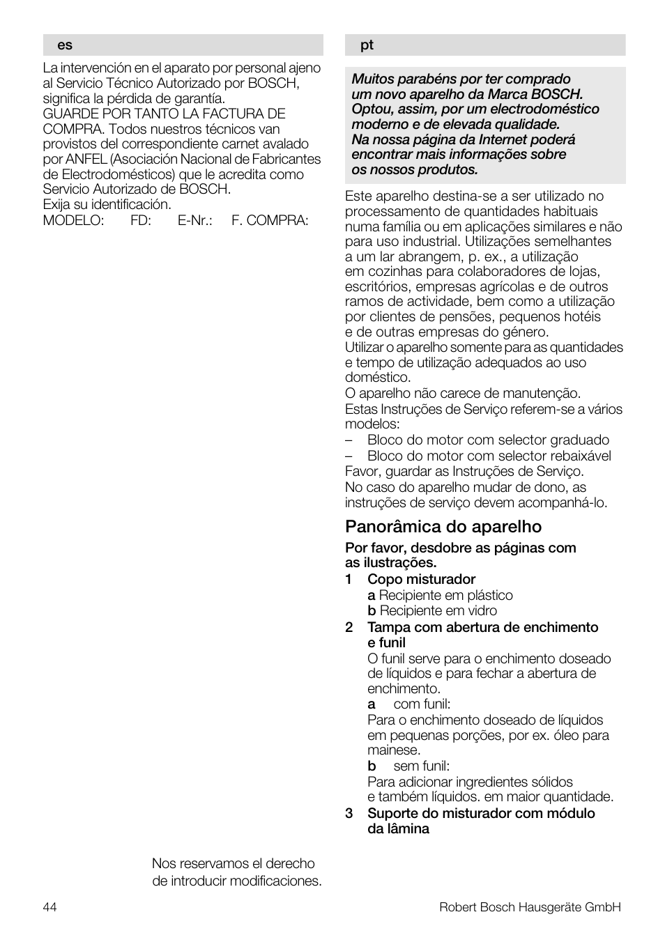 Panorâmica do aparelho | Bosch MMB11R2 Blender rouge User Manual | Page 44 / 94