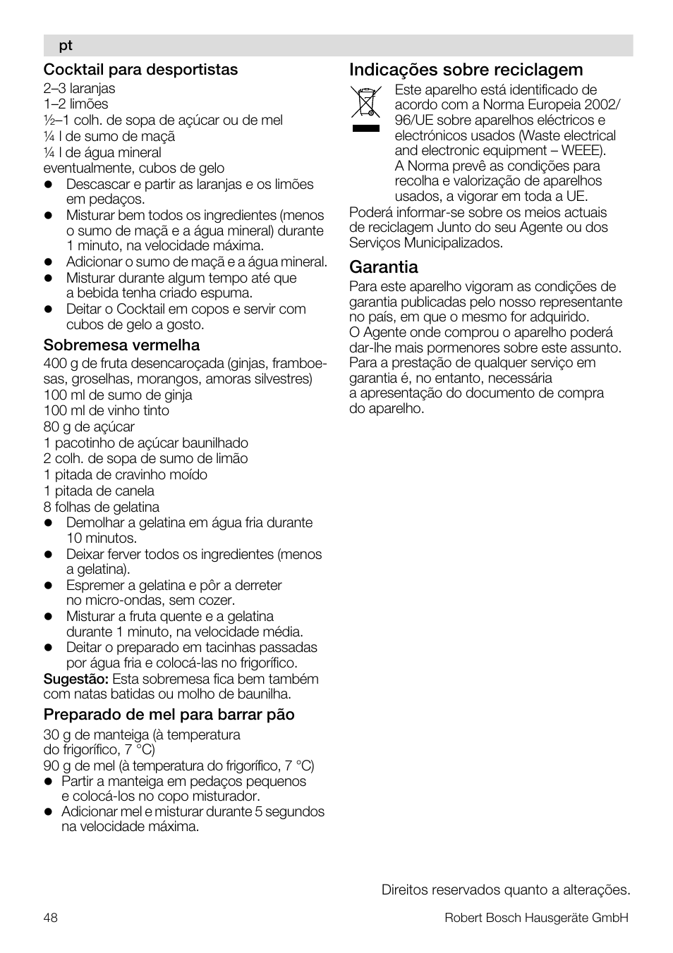 Indicações sobre reciclagem, Garantia | Bosch MMB11R2 Blender rouge User Manual | Page 48 / 94