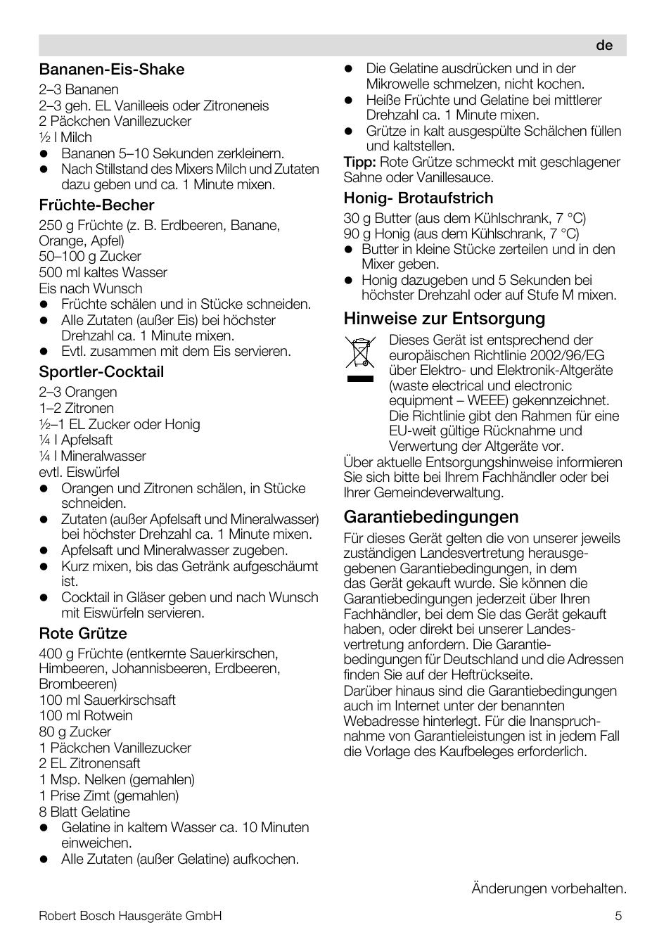 Hinweise zur entsorgung, Garantiebedingungen | Bosch MMB11R2 Blender rouge User Manual | Page 5 / 94