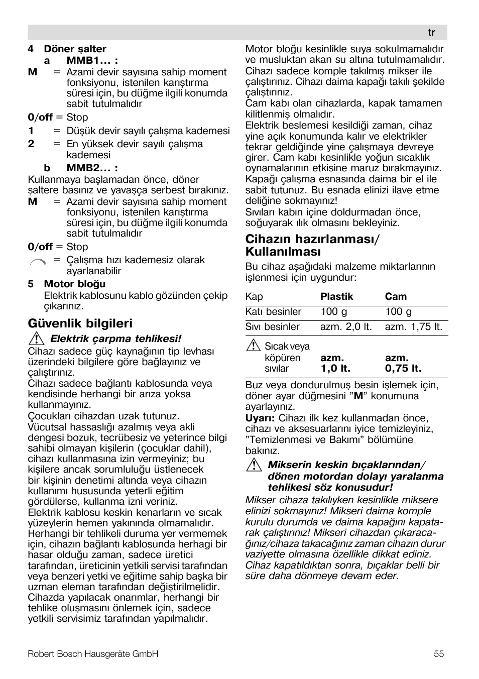 Güvenlik bilgileri, Cihazýn hazýrlanmasý/ kullanýlmasý | Bosch MMB11R2 Blender rouge User Manual | Page 55 / 94