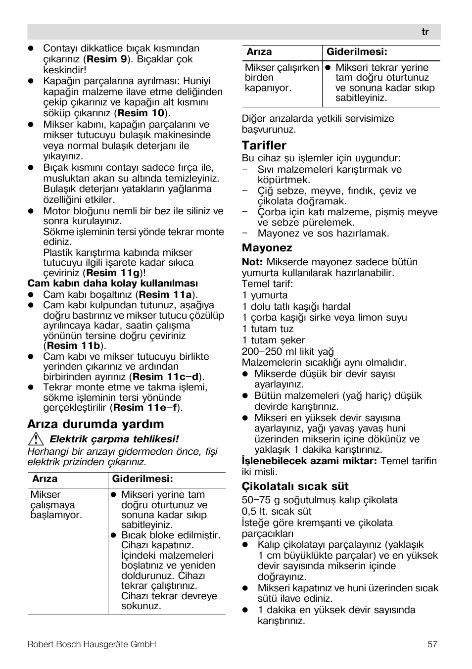 Arýza durumda yardým, Tarifler | Bosch MMB11R2 Blender rouge User Manual | Page 57 / 94