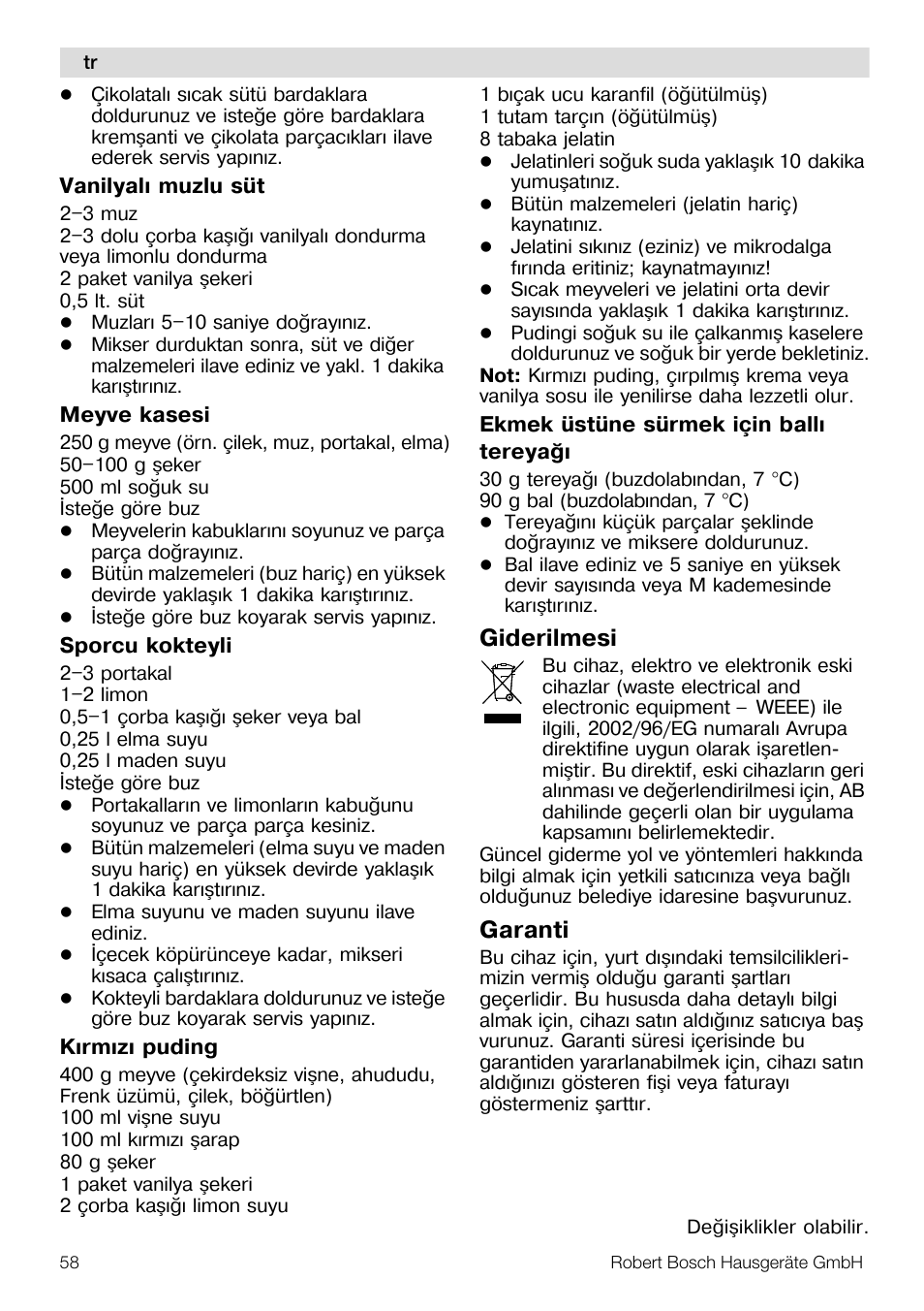 Giderilmesi, Garanti | Bosch MMB11R2 Blender rouge User Manual | Page 58 / 94