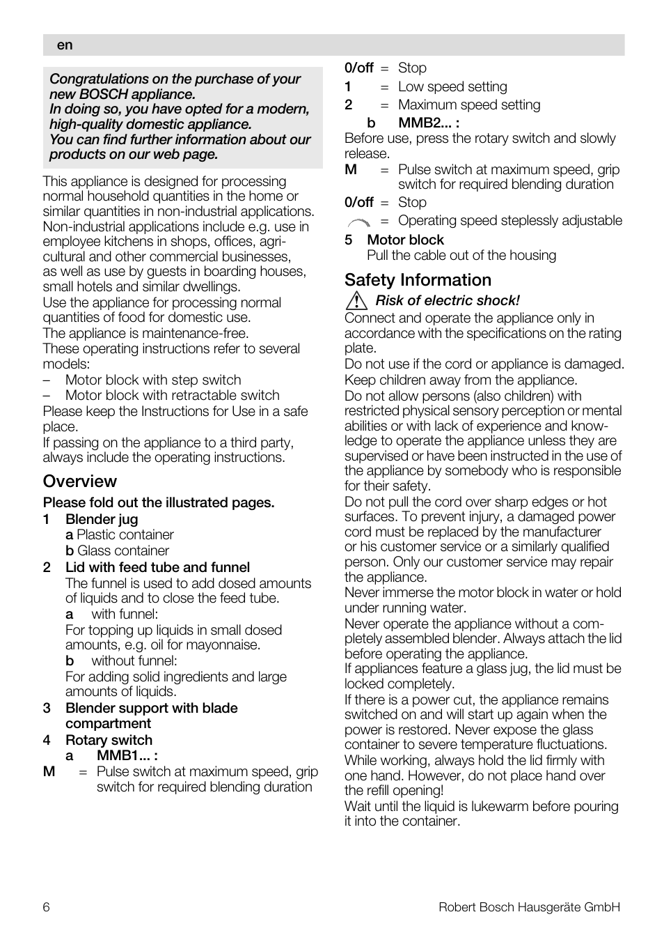 Overview, Safety information | Bosch MMB11R2 Blender rouge User Manual | Page 6 / 94