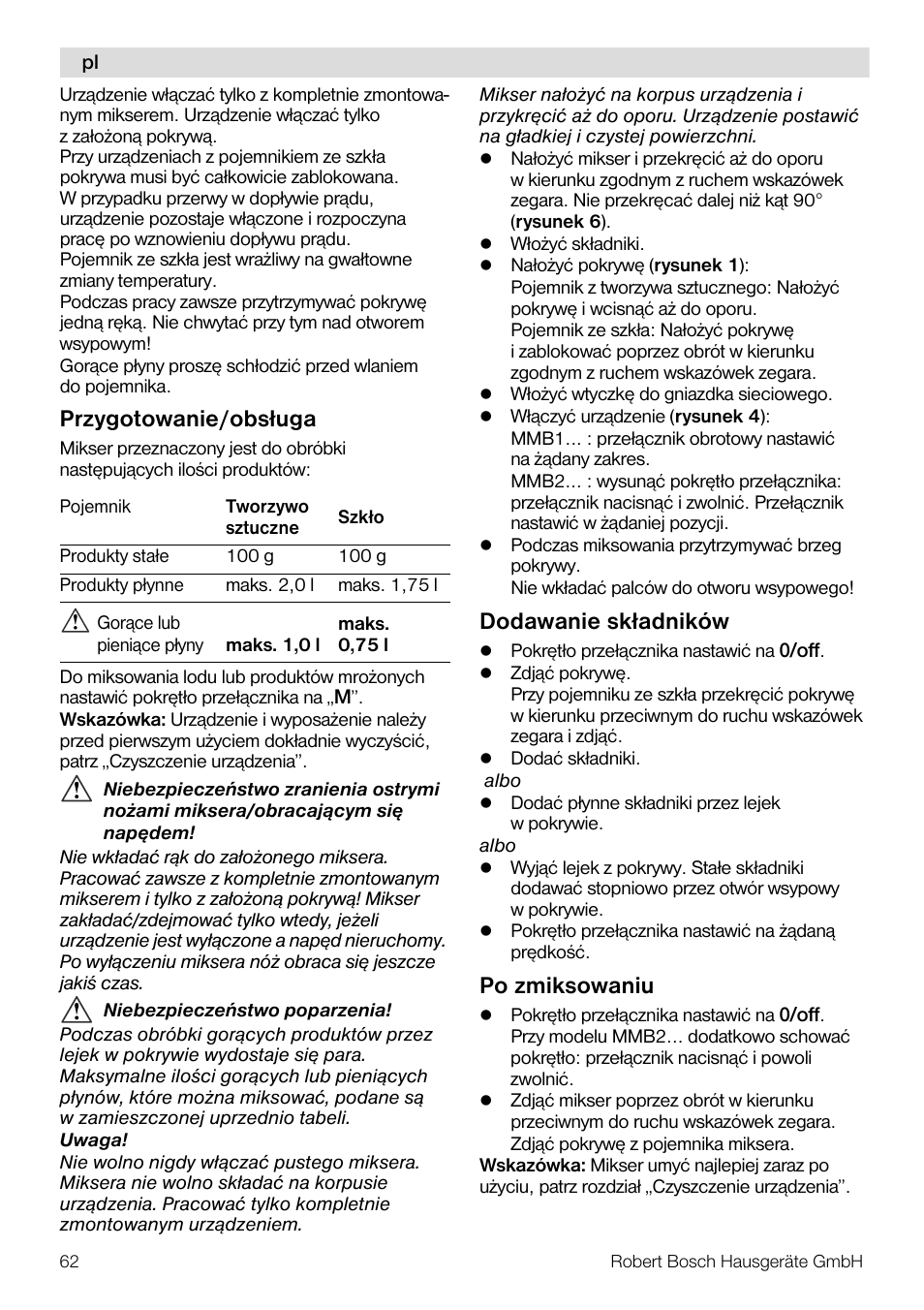 Przygotowanie/obs ługa, Dodawanie sk ładników, Po zmiksowaniu | Bosch MMB11R2 Blender rouge User Manual | Page 62 / 94