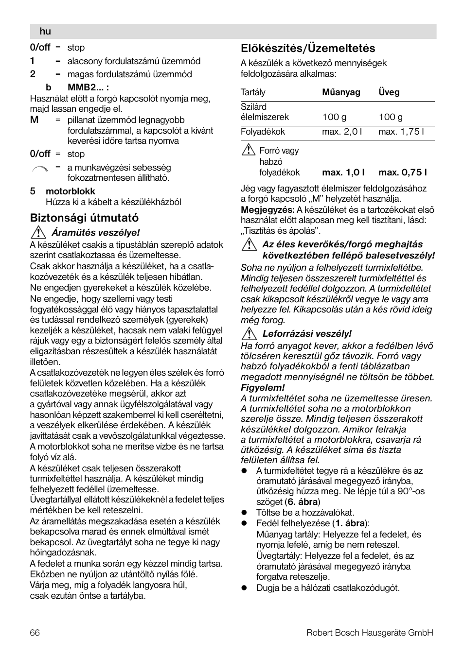 Biztonsági útmutató, Elõkészítés/üzemeltetés | Bosch MMB11R2 Blender rouge User Manual | Page 66 / 94