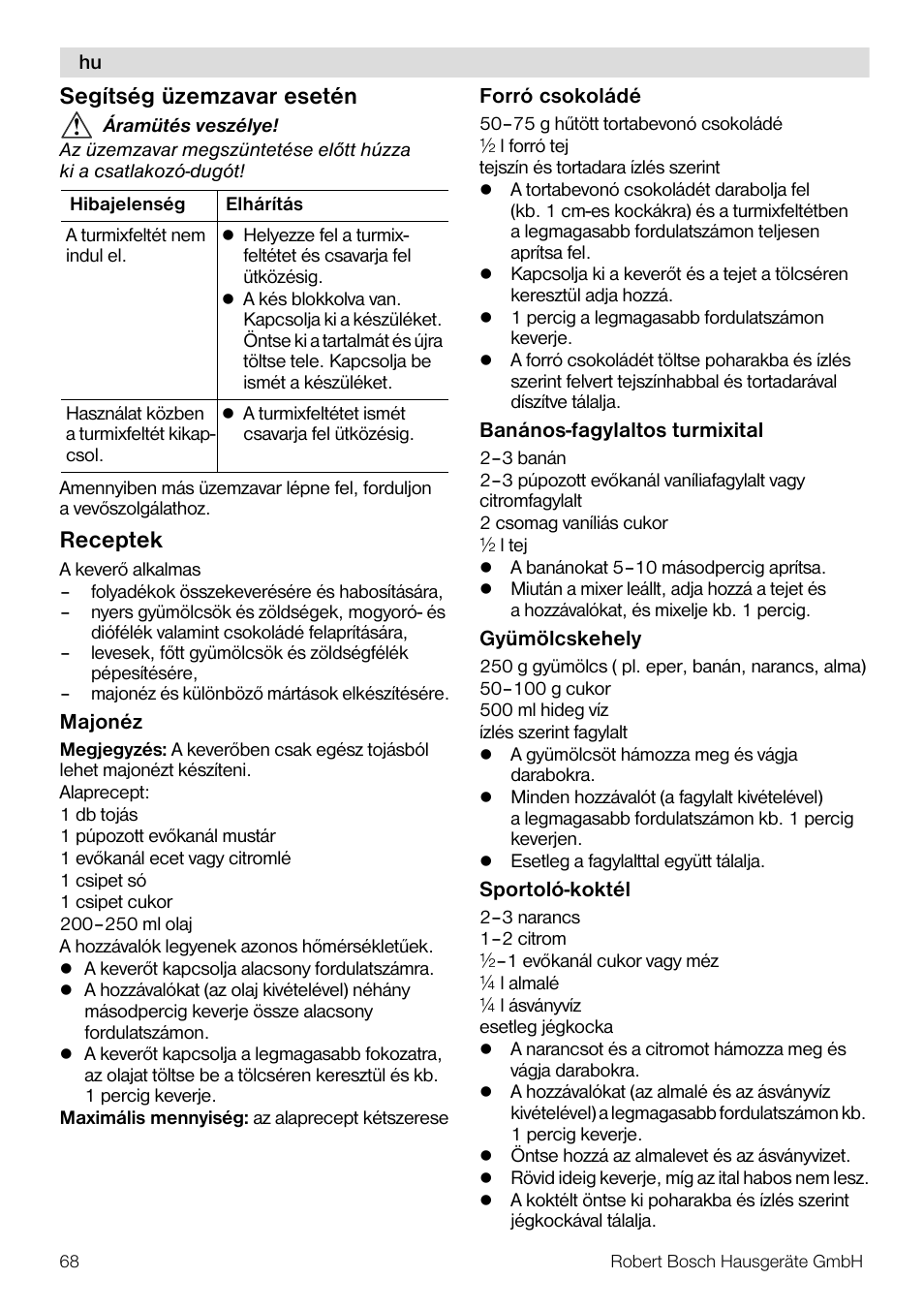 Segítség üzemzavar esetén, Receptek | Bosch MMB11R2 Blender rouge User Manual | Page 68 / 94