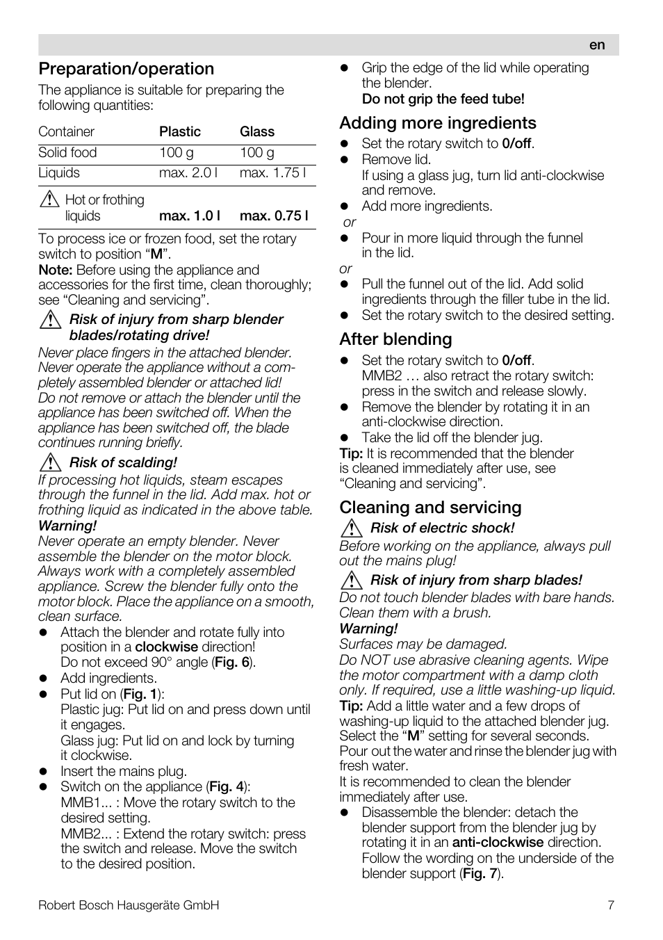 Preparation/operation, Adding more ingredients, After blending | Cleaning and servicing | Bosch MMB11R2 Blender rouge User Manual | Page 7 / 94