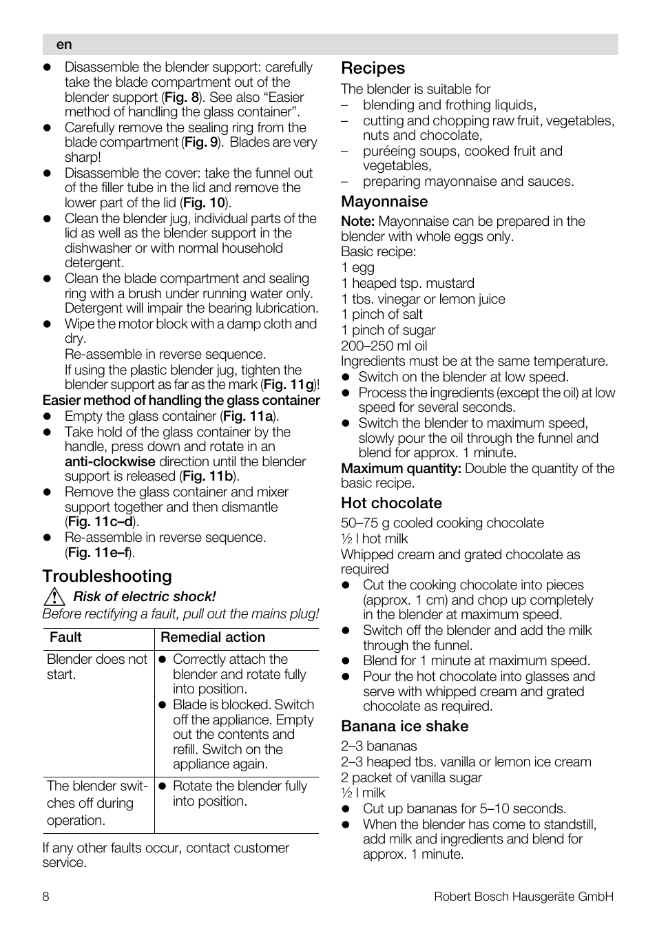 Troubleshooting, Recipes | Bosch MMB11R2 Blender rouge User Manual | Page 8 / 94