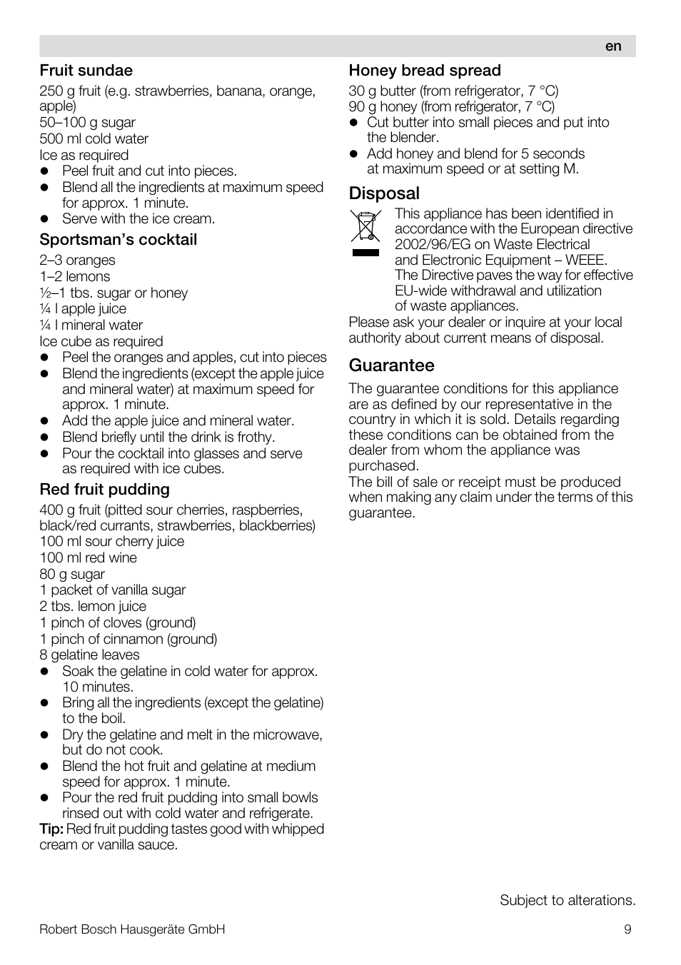 Disposal, Guarantee | Bosch MMB11R2 Blender rouge User Manual | Page 9 / 94