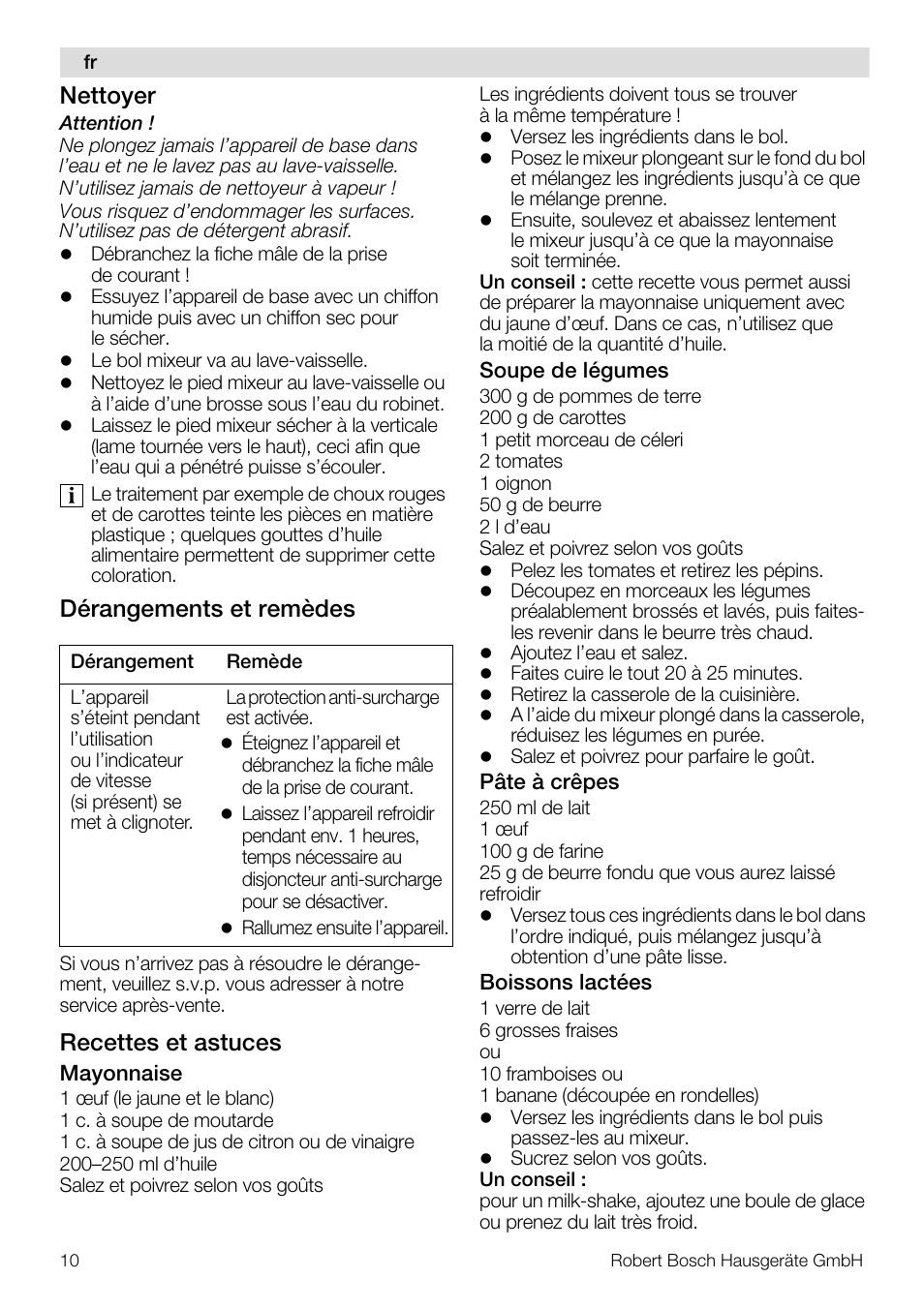 Nettoyer, Dérangements et remèdes, Recettes et astuces | Bosch Mixeur plongeant MSM7700 bleu clair de lune blanc User Manual | Page 10 / 72