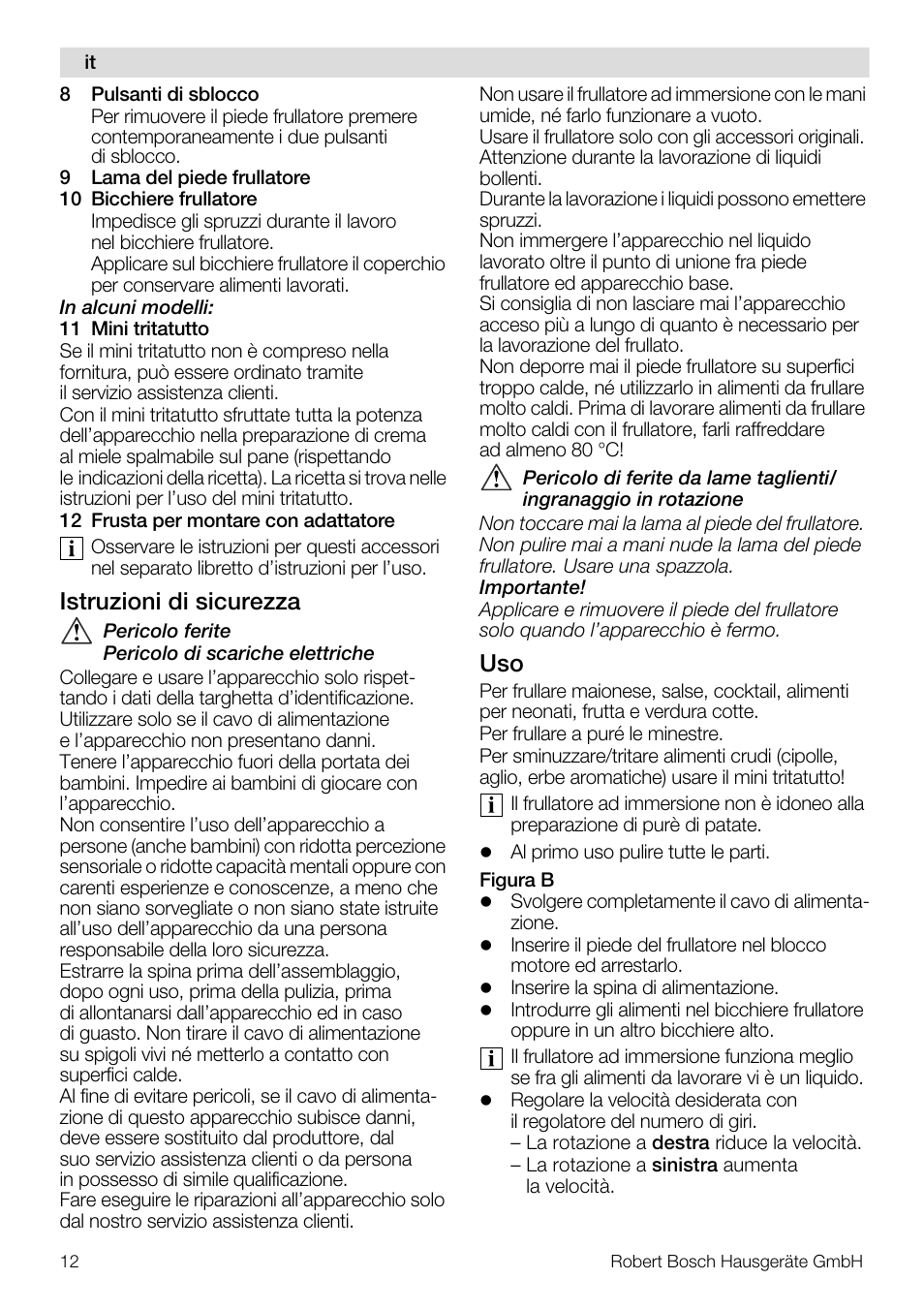 Istruzioni di sicurezza | Bosch Mixeur plongeant MSM7700 bleu clair de lune blanc User Manual | Page 12 / 72