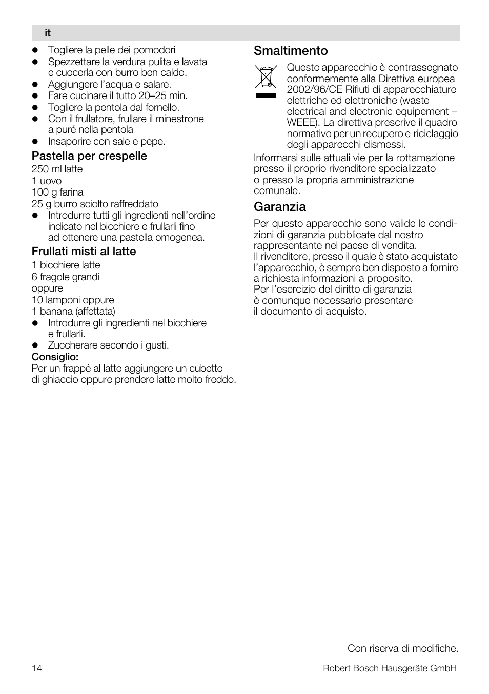Smaltimento, Garanzia | Bosch Mixeur plongeant MSM7700 bleu clair de lune blanc User Manual | Page 14 / 72
