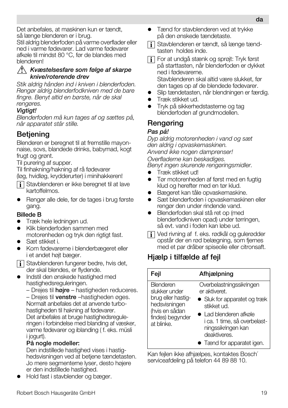 Betjening, Rengøring, Hjælp i tilfælde af fejl | Bosch Mixeur plongeant MSM7700 bleu clair de lune blanc User Manual | Page 19 / 72