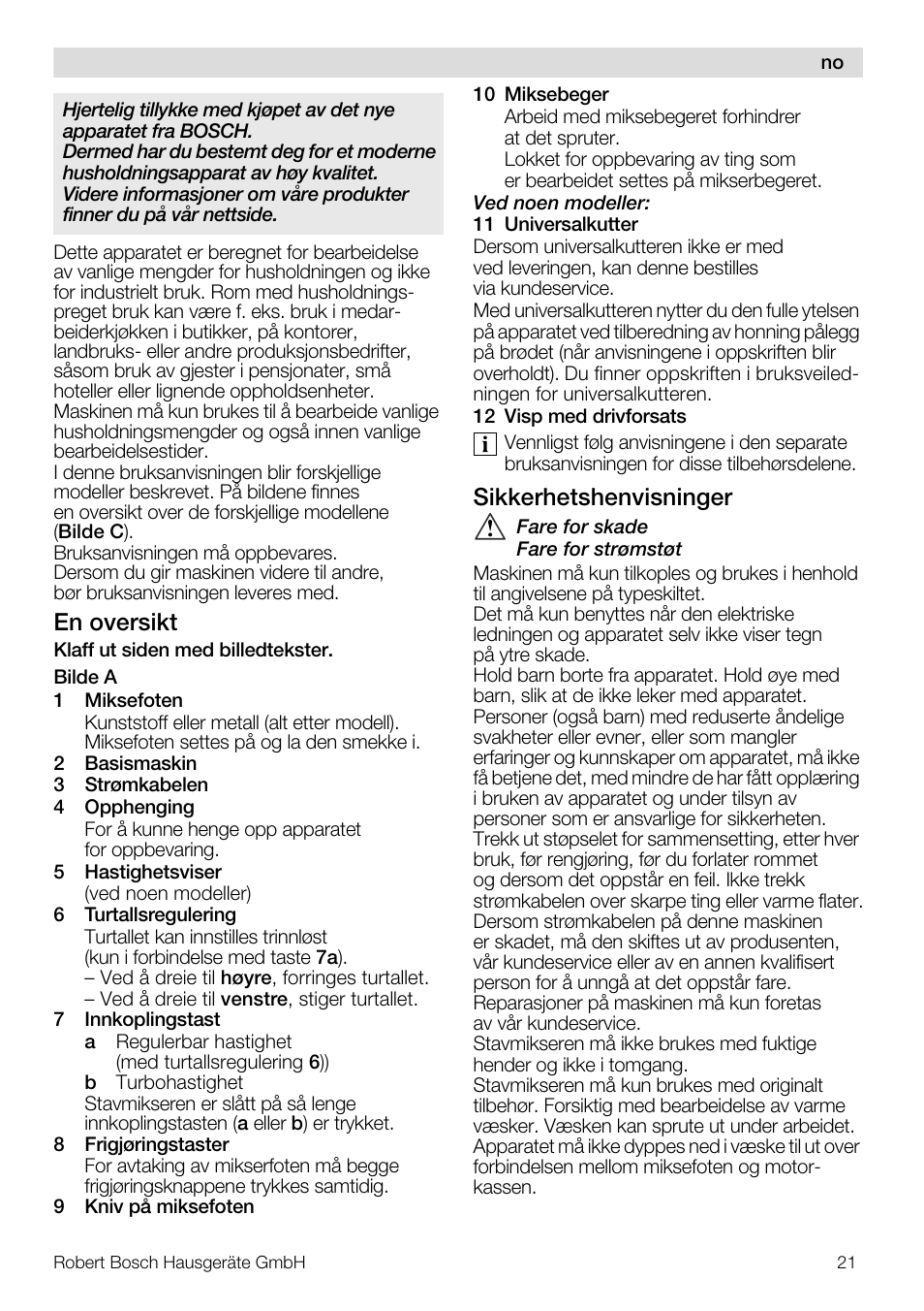 En oversikt, Sikkerhetshenvisninger | Bosch Mixeur plongeant MSM7700 bleu clair de lune blanc User Manual | Page 21 / 72