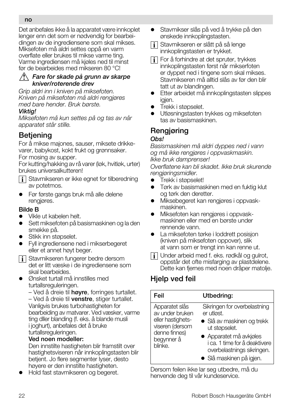 Betjening, Rengjøring, Hjelp ved feil | Bosch Mixeur plongeant MSM7700 bleu clair de lune blanc User Manual | Page 22 / 72