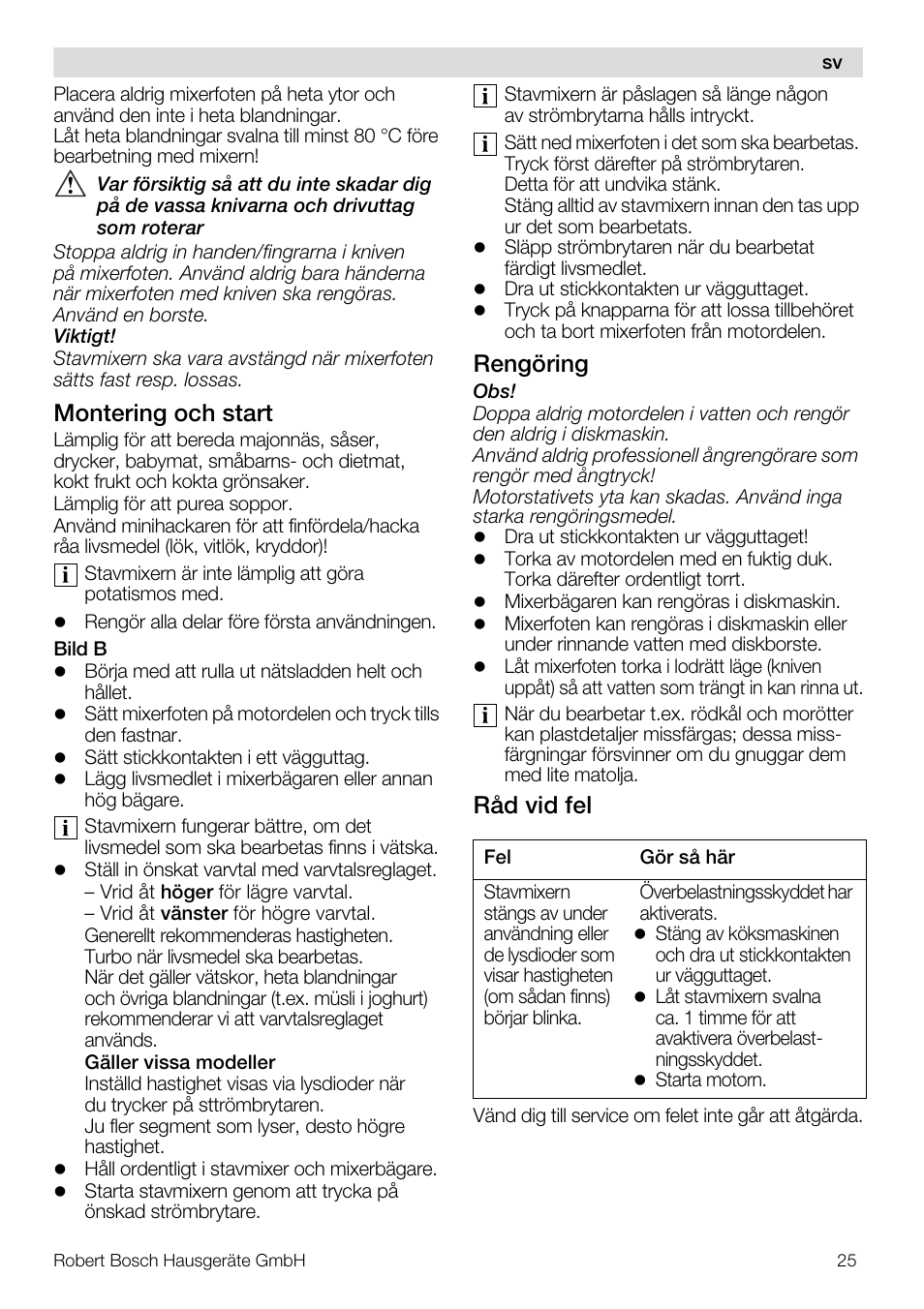 Montering och start, Rengöring, Råd vid fel | Bosch Mixeur plongeant MSM7700 bleu clair de lune blanc User Manual | Page 25 / 72