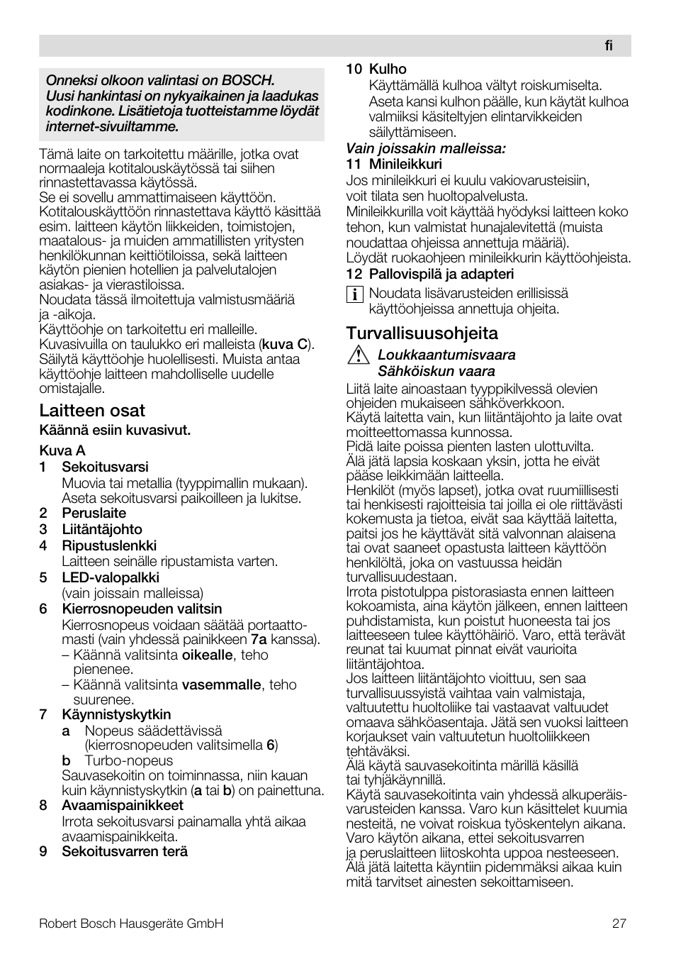 Laitteen osat, Turvallisuusohjeita | Bosch Mixeur plongeant MSM7700 bleu clair de lune blanc User Manual | Page 27 / 72