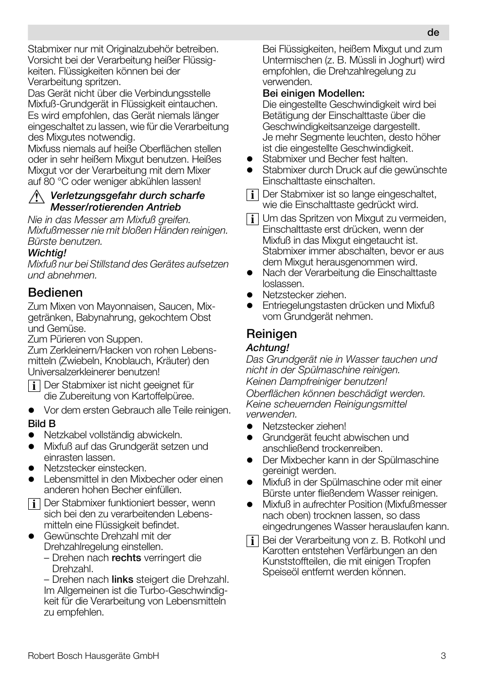 Bedienen, Reinigen | Bosch Mixeur plongeant MSM7700 bleu clair de lune blanc User Manual | Page 3 / 72