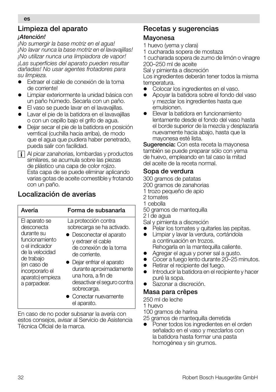 Limpieza del aparato, Localización de averías, Recetas y sugerencias | Bosch Mixeur plongeant MSM7700 bleu clair de lune blanc User Manual | Page 32 / 72