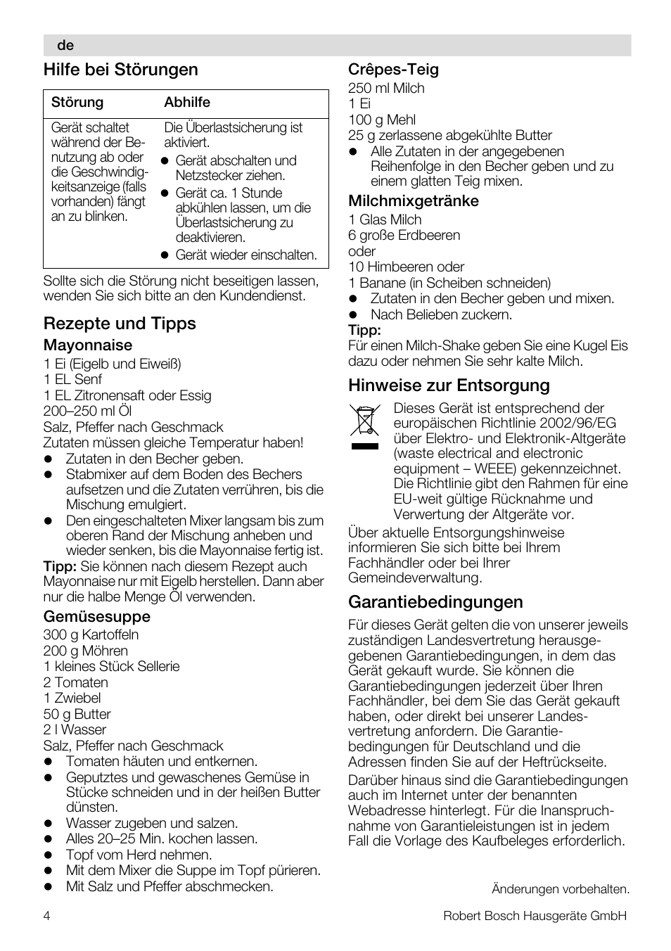 Hilfe bei störungen, Rezepte und tipps, Hinweise zur entsorgung | Garantiebedingungen | Bosch Mixeur plongeant MSM7700 bleu clair de lune blanc User Manual | Page 4 / 72