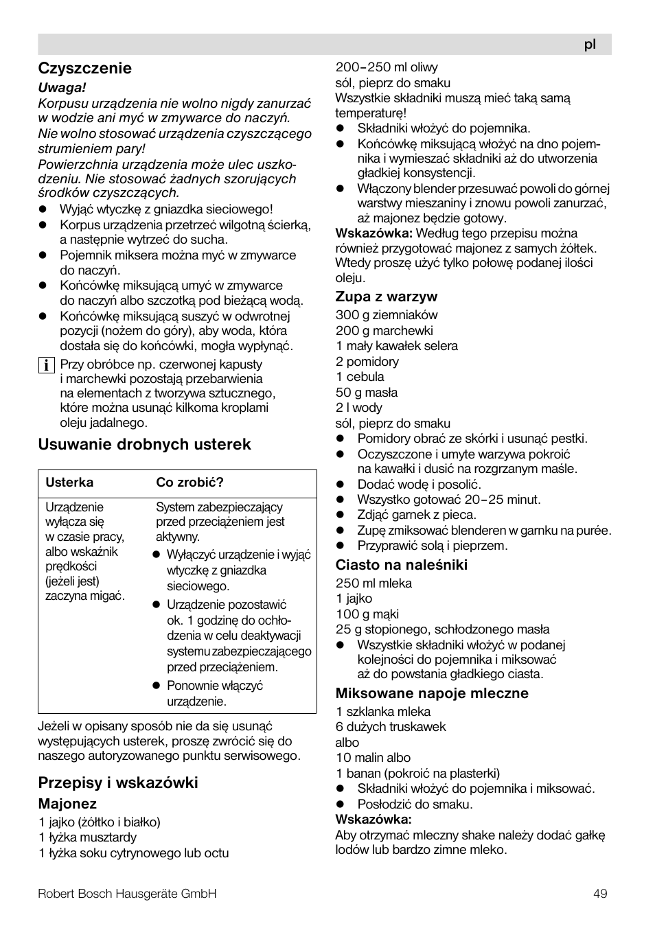 Czyszczenie, Usuwanie drobnych usterek, Przepisy i wskazówki | Bosch Mixeur plongeant MSM7700 bleu clair de lune blanc User Manual | Page 49 / 72