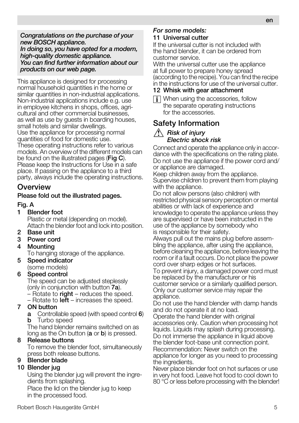 Overview, Safety information | Bosch Mixeur plongeant MSM7700 bleu clair de lune blanc User Manual | Page 5 / 72