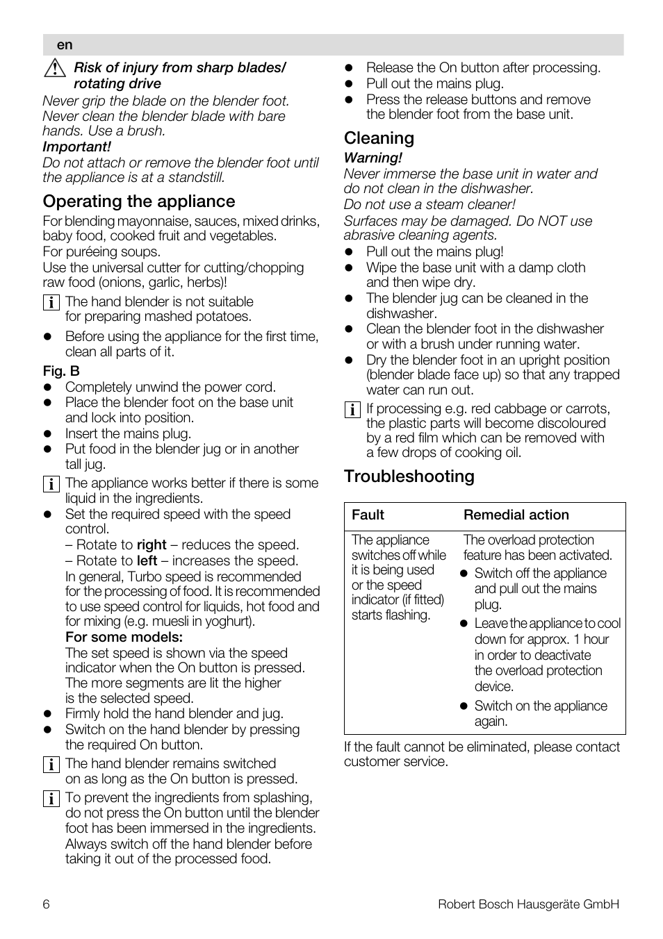 Operating the appliance, Cleaning, Troubleshooting | Bosch Mixeur plongeant MSM7700 bleu clair de lune blanc User Manual | Page 6 / 72