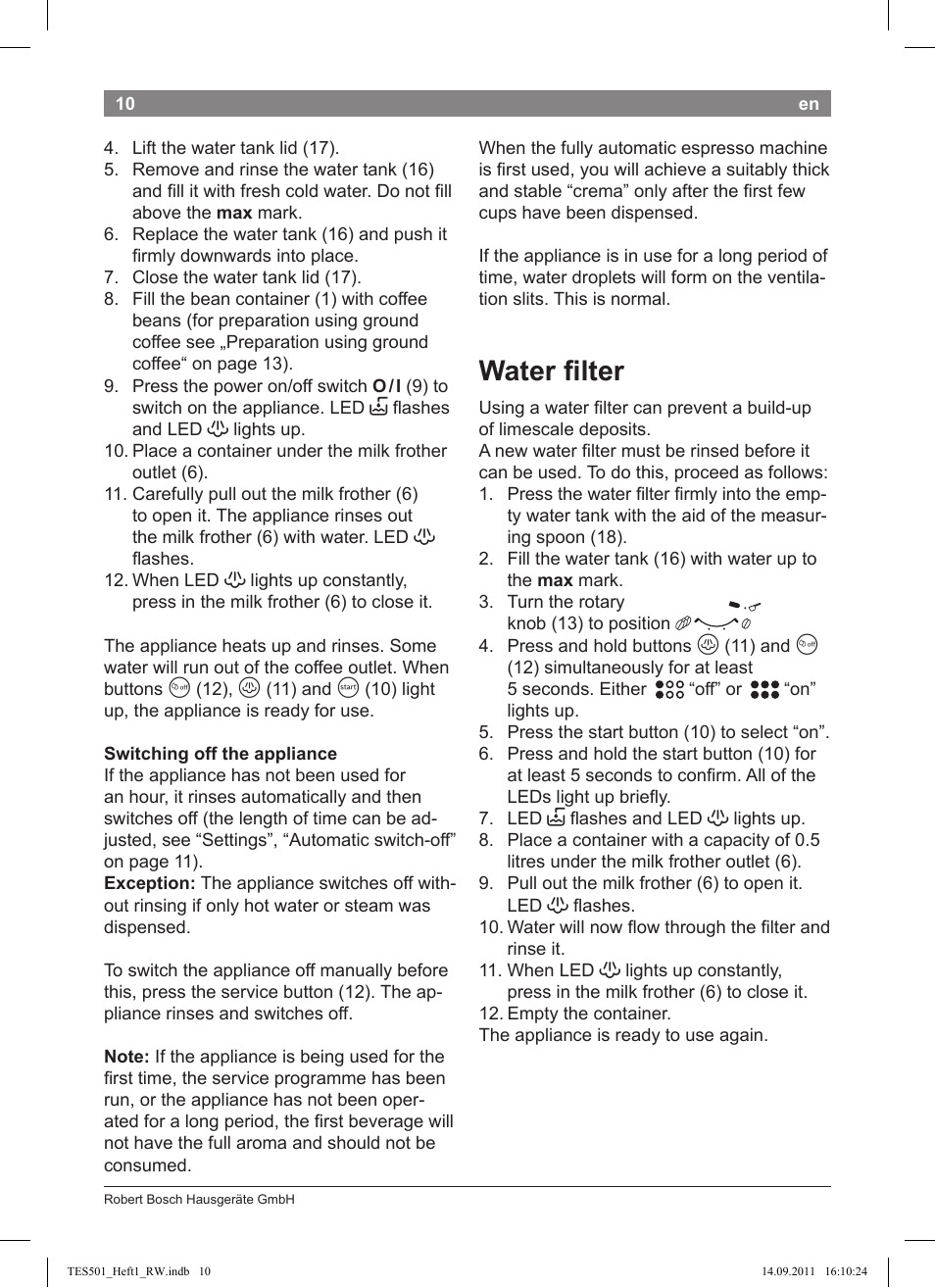 Water filter | Bosch TES50129RW VeroCafe Machine à café Expresso automatique Noir User Manual | Page 10 / 117