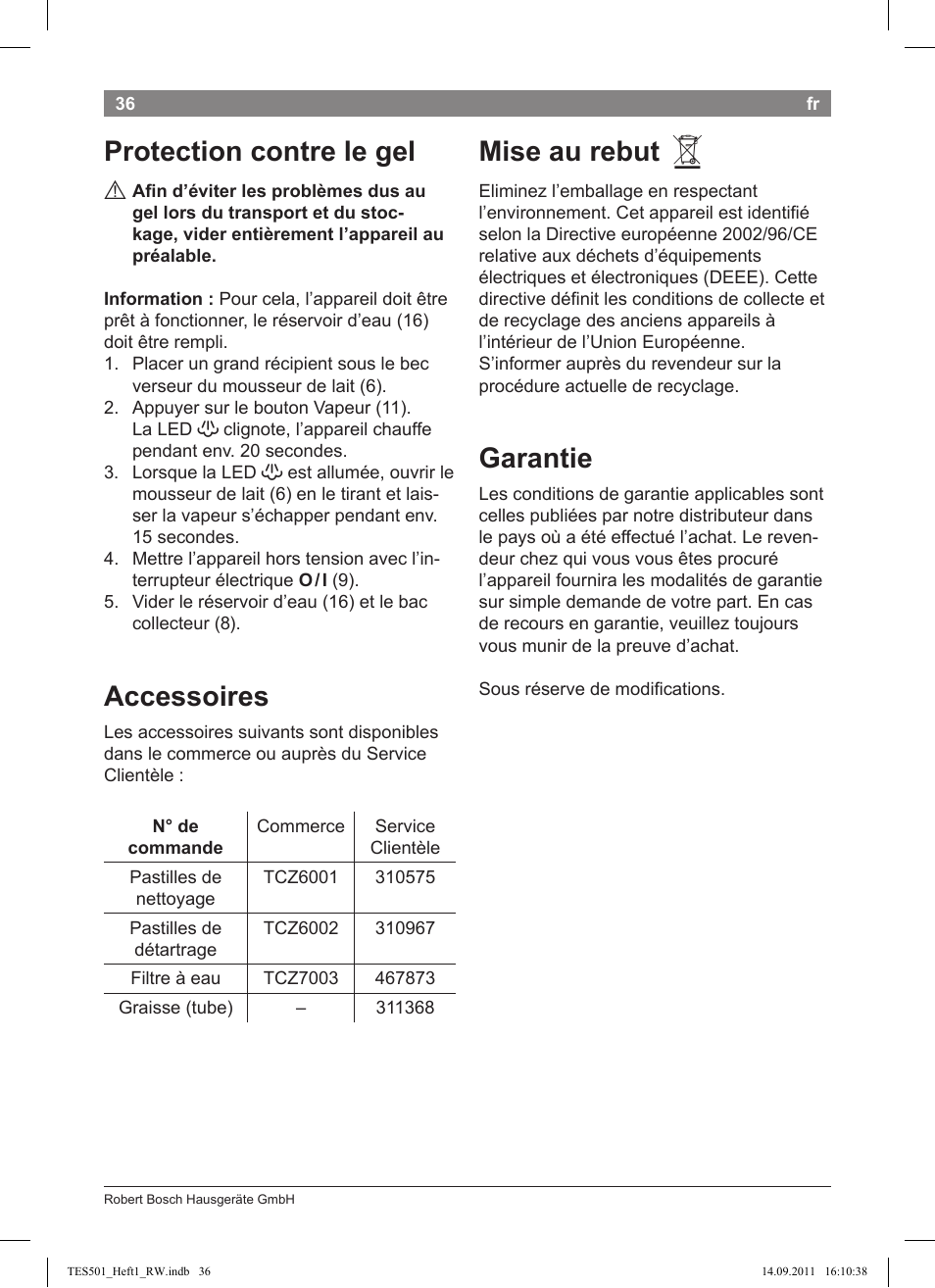 Protection contre le gel, Accessoires, Mise au rebut | Garantie | Bosch TES50129RW VeroCafe Machine à café Expresso automatique Noir User Manual | Page 36 / 117