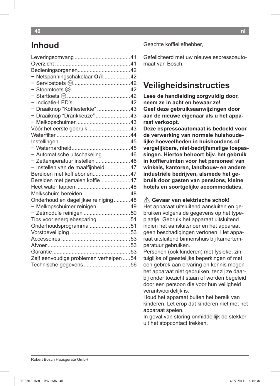 Veiligheidsinstructies, Inhoud | Bosch TES50129RW VeroCafe Machine à café Expresso automatique Noir User Manual | Page 40 / 117