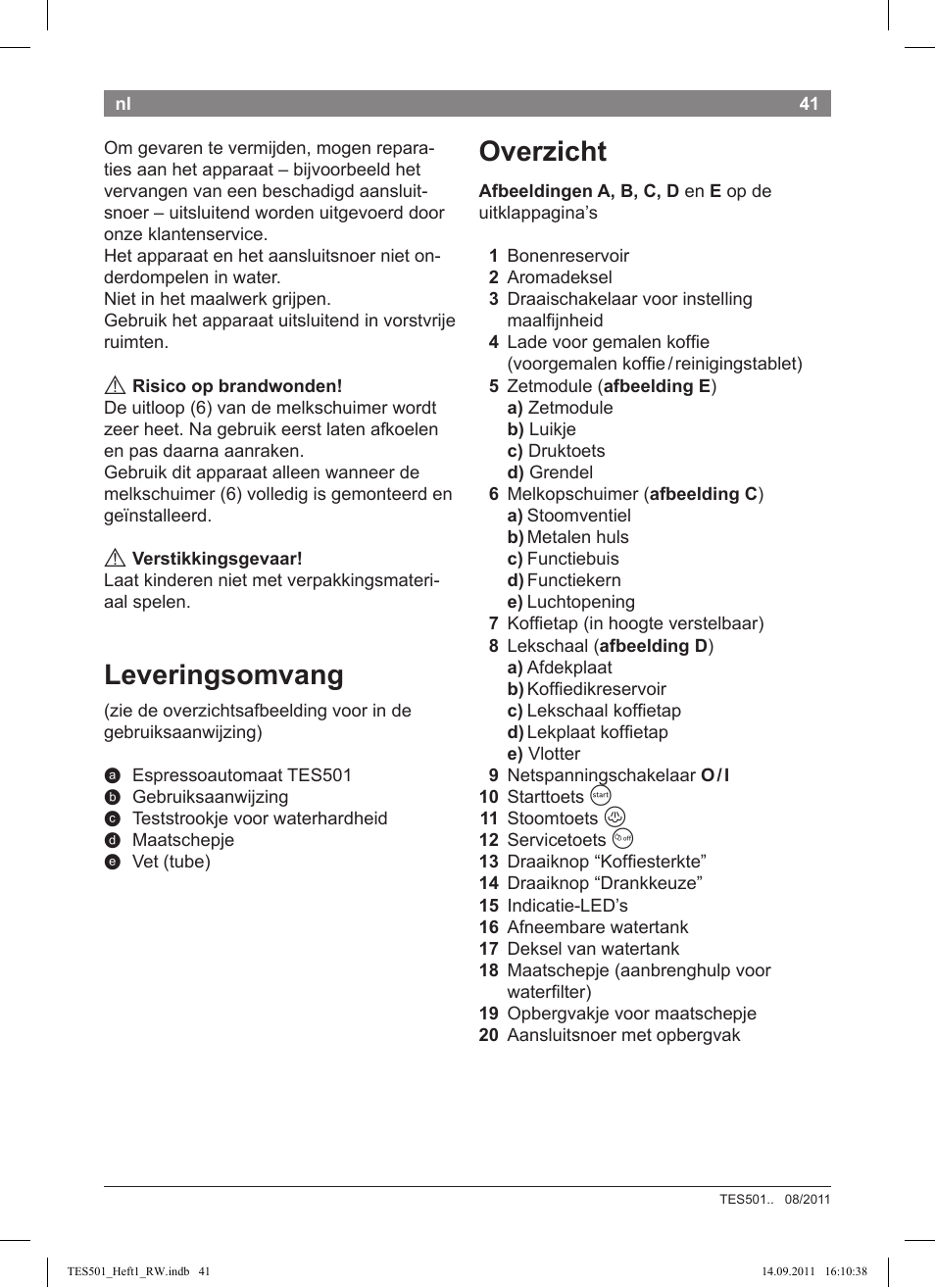 Overzicht, Leveringsomvang | Bosch TES50129RW VeroCafe Machine à café Expresso automatique Noir User Manual | Page 41 / 117