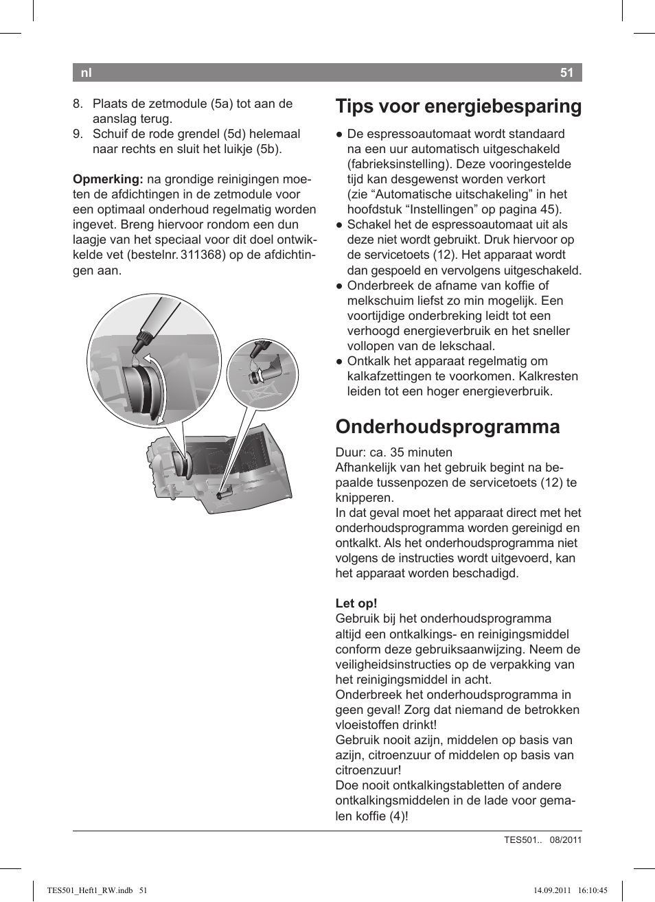 Tips voor energiebesparing, Onderhoudsprogramma | Bosch TES50129RW VeroCafe Machine à café Expresso automatique Noir User Manual | Page 51 / 117