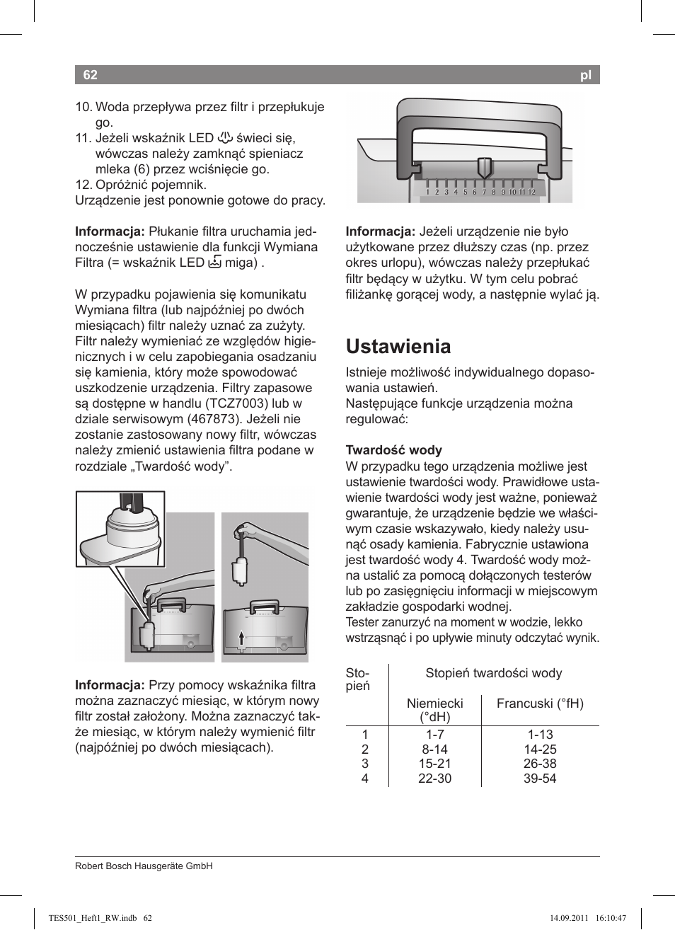 Ustawienia | Bosch TES50129RW VeroCafe Machine à café Expresso automatique Noir User Manual | Page 62 / 117