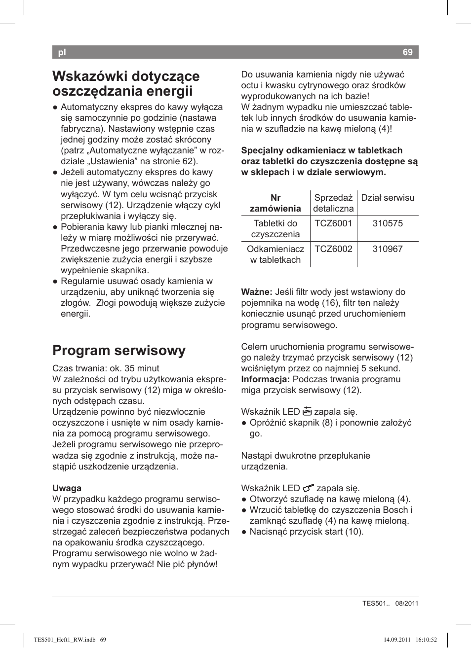 Wskazówki dotyczące oszczędzania energii, Program serwisowy | Bosch TES50129RW VeroCafe Machine à café Expresso automatique Noir User Manual | Page 69 / 117