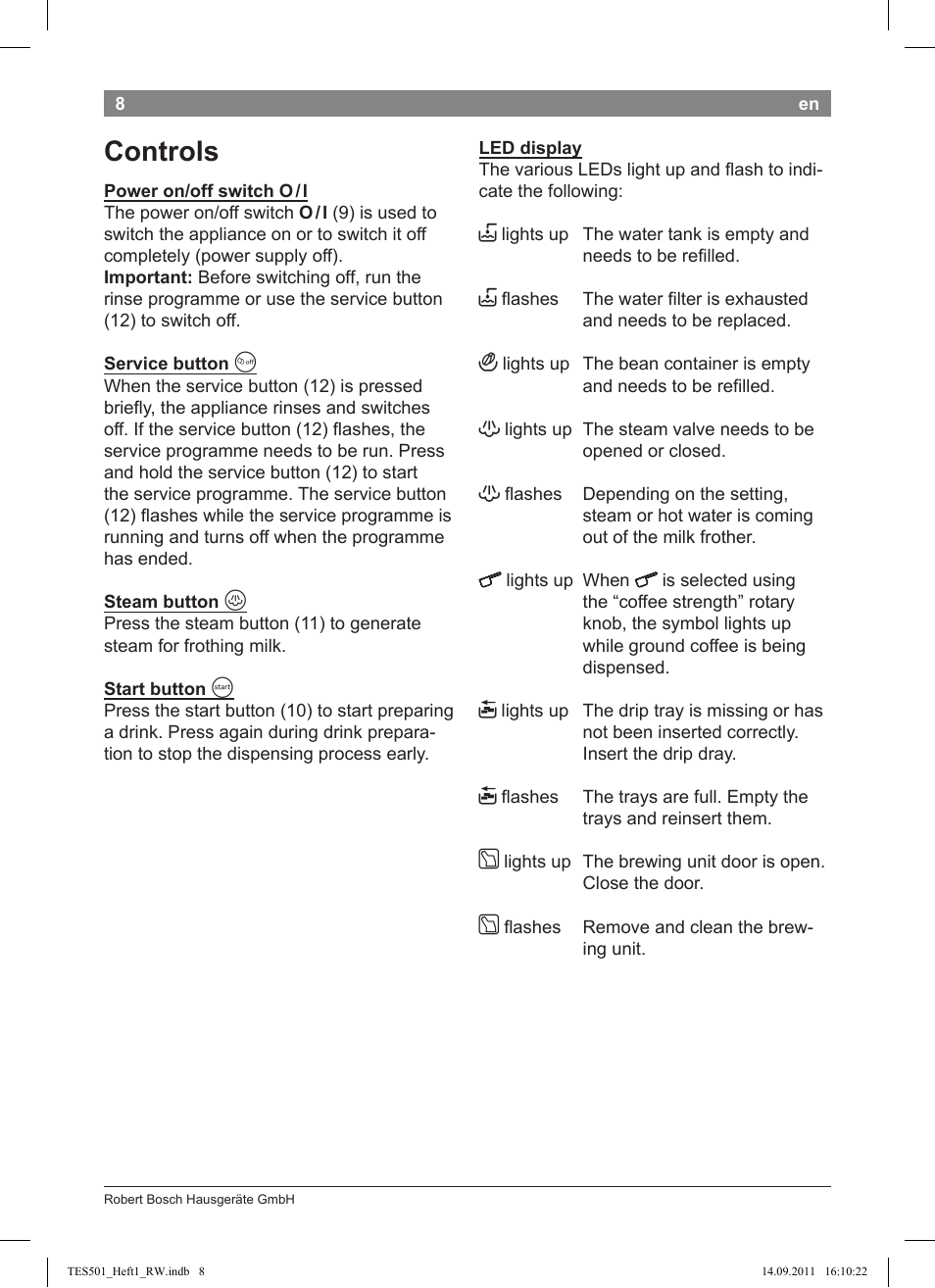 Controls | Bosch TES50129RW VeroCafe Machine à café Expresso automatique Noir User Manual | Page 8 / 117