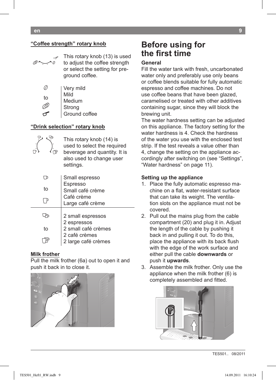 Before using for the fi rst time | Bosch TES50129RW VeroCafe Machine à café Expresso automatique Noir User Manual | Page 9 / 117