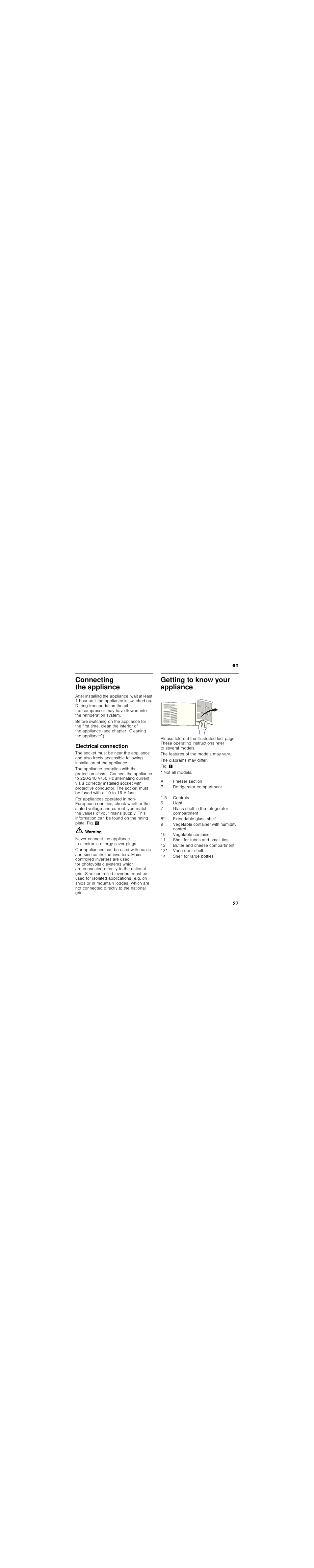 Connecting the appliance, Electrical connection, Getting to know your appliance | Bosch KIL82AF30 Réfrigérateur intégrable Premium Fixation de porte à pantographe User Manual | Page 27 / 105