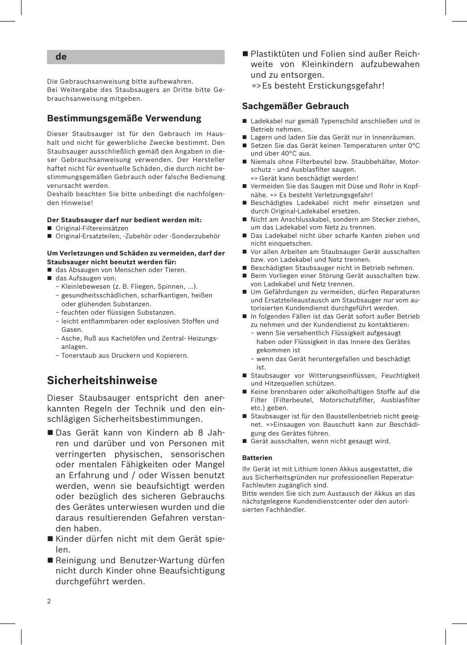 Sicherheitshinweise, Bestimmungsgemäße verwendung, Sachgemäßer gebrauch | Bosch LithiumPower 25.2V Aspirateur balai sans fil rechargeable BBH52550 Argent minéral User Manual | Page 3 / 108