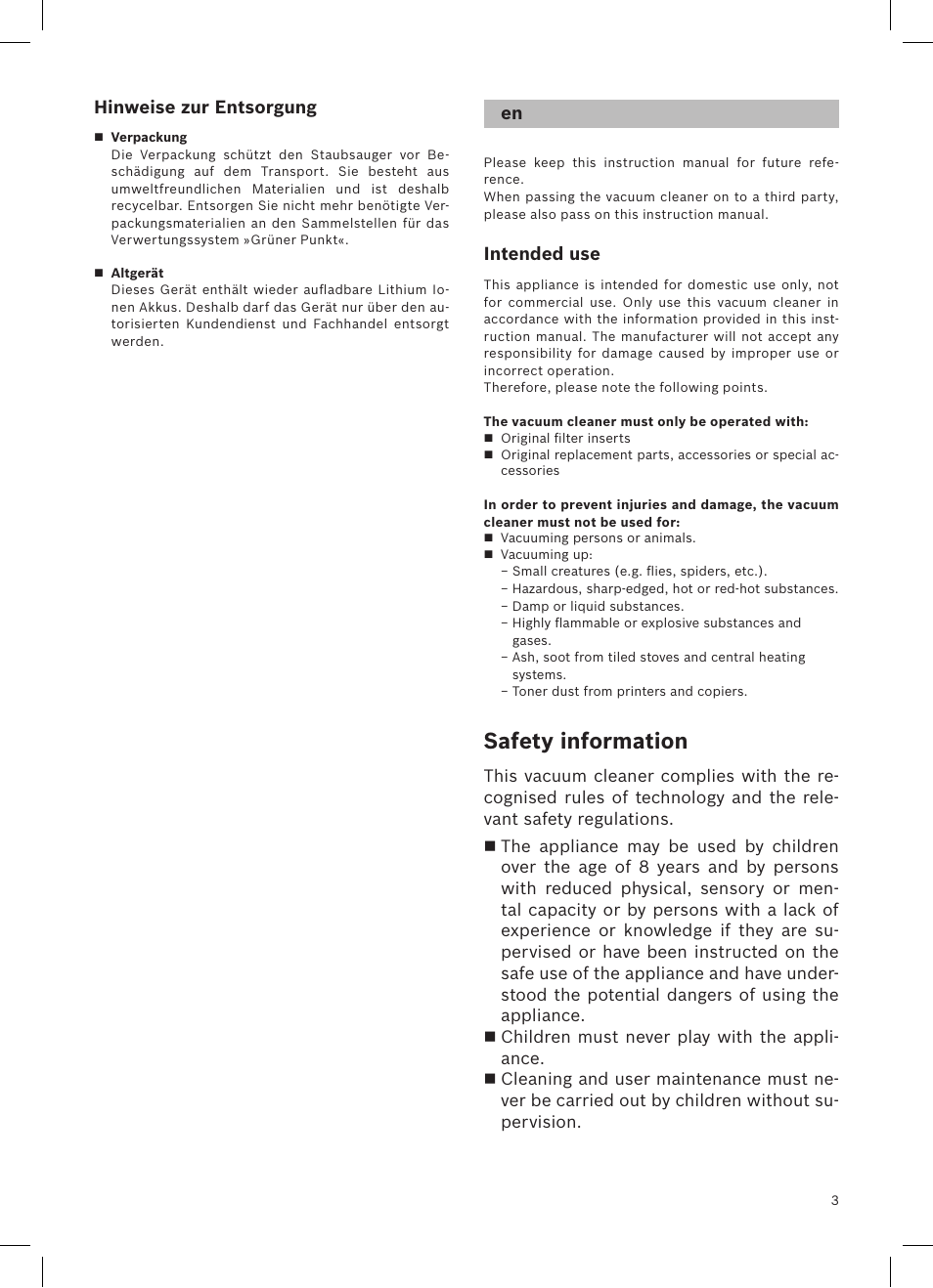 Safety information, Hinweise zur entsorgung, Intended use | Bosch LithiumPower 25.2V Aspirateur balai sans fil rechargeable BBH52550 Argent minéral User Manual | Page 4 / 108