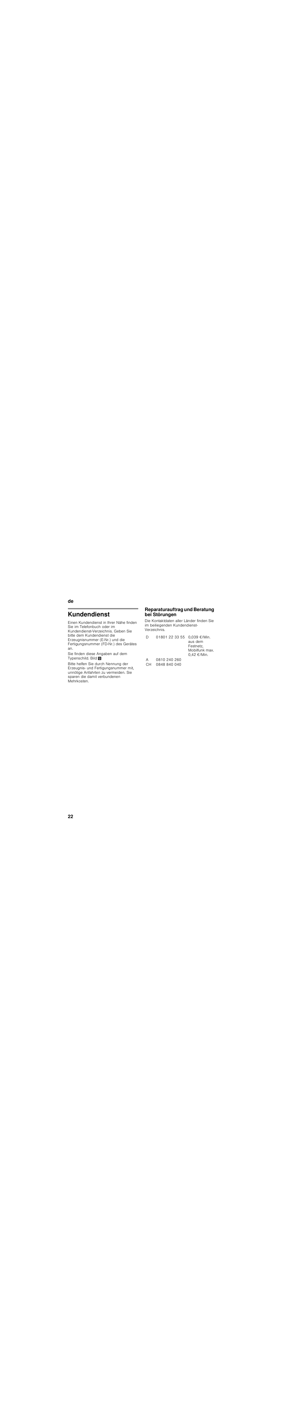 Kundendienst, Reparaturauftrag und beratung bei störungen | Bosch KGN49SM31 Réfrigérateur-congélateur combiné Premium Luxe User Manual | Page 22 / 102