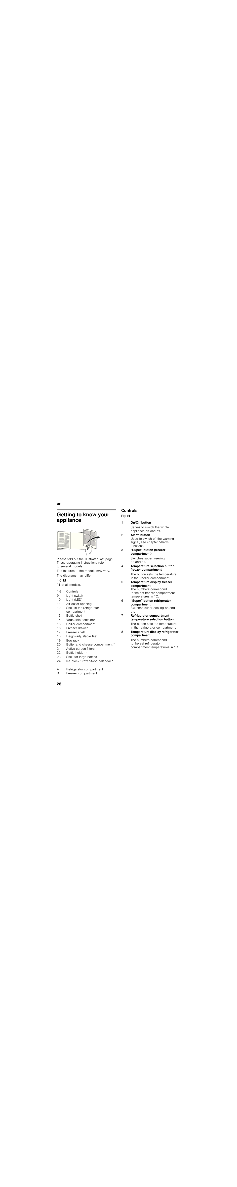 Getting to know your appliance, Controls | Bosch KGN49SM31 Réfrigérateur-congélateur combiné Premium Luxe User Manual | Page 28 / 102