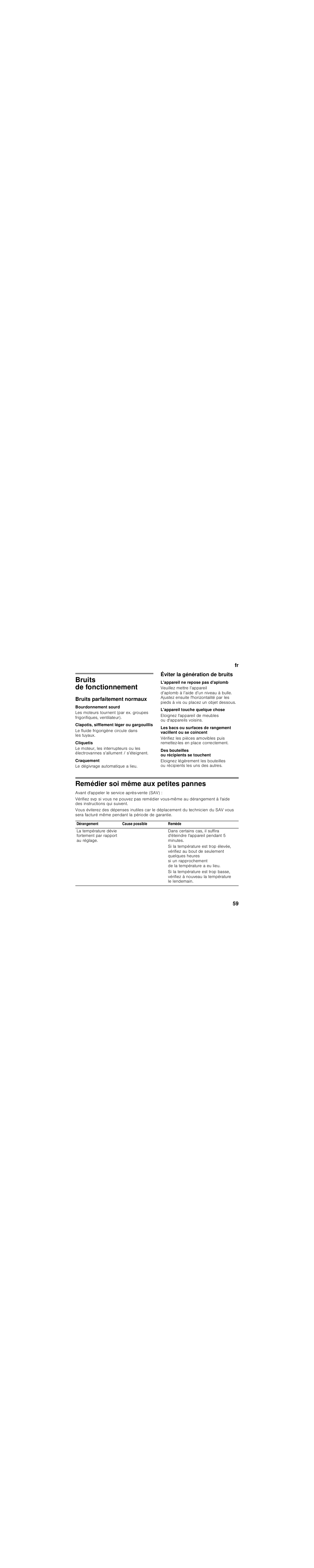 Bruits de fonctionnement, Bruits parfaitement normaux, Bourdonnement sourd | Clapotis, sifflement léger ou gargouillis, Cliquetis, Craquement, Éviter la génération de bruits, L'appareil ne repose pas d'aplomb, L'appareil touche quelque chose, Des bouteilles ou récipients se touchent | Bosch KGN49SM31 Réfrigérateur-congélateur combiné Premium Luxe User Manual | Page 59 / 102